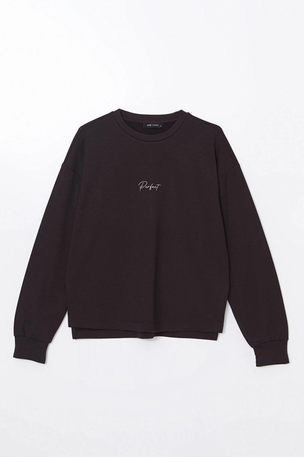 LCW Vision Kahverengi Bisiklet Yaka Nakışlı Oversize Kadın Sweatshirt