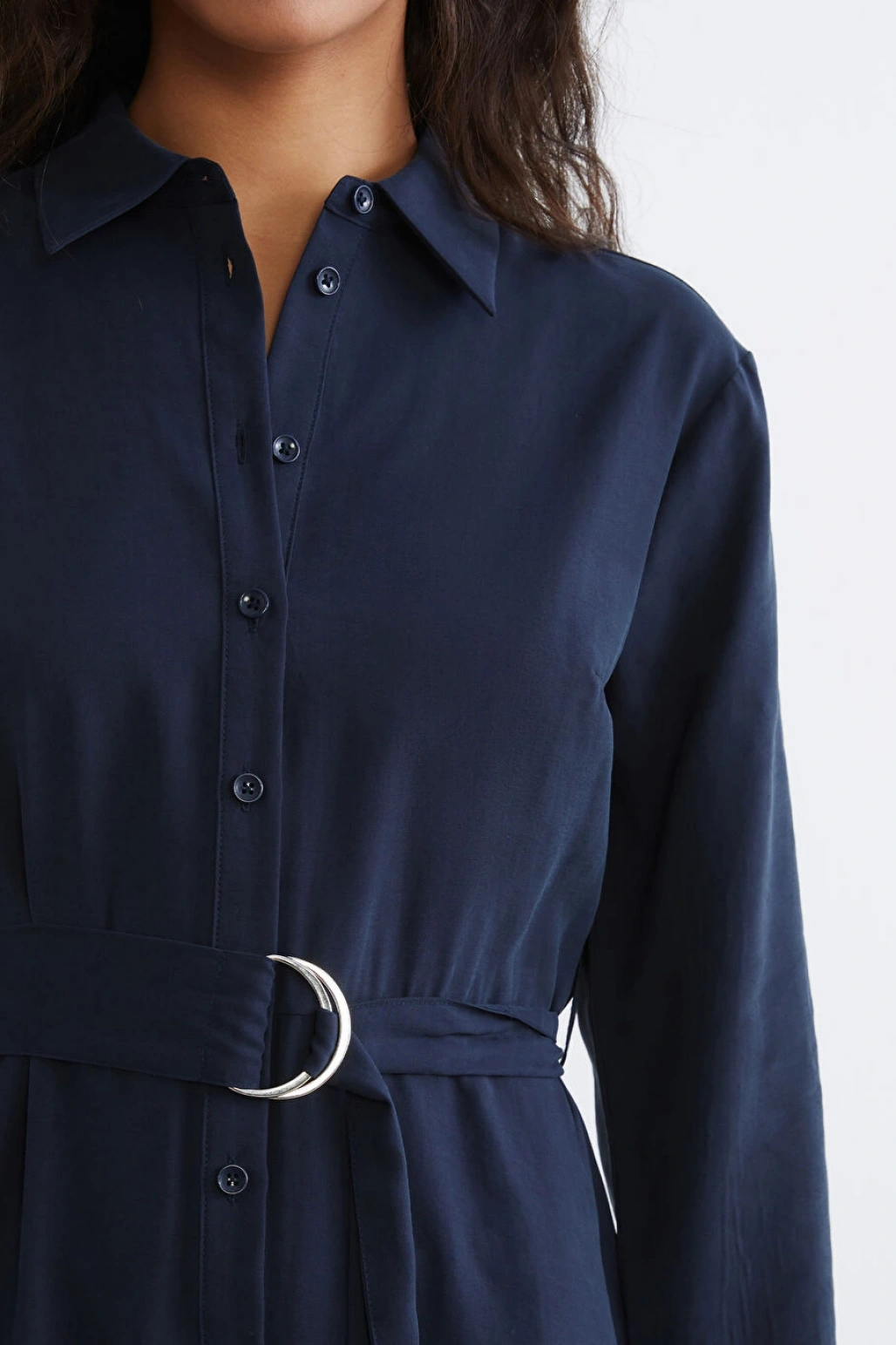 LCW Vision Lacivert Beli Kemerli Gömlek Elbise