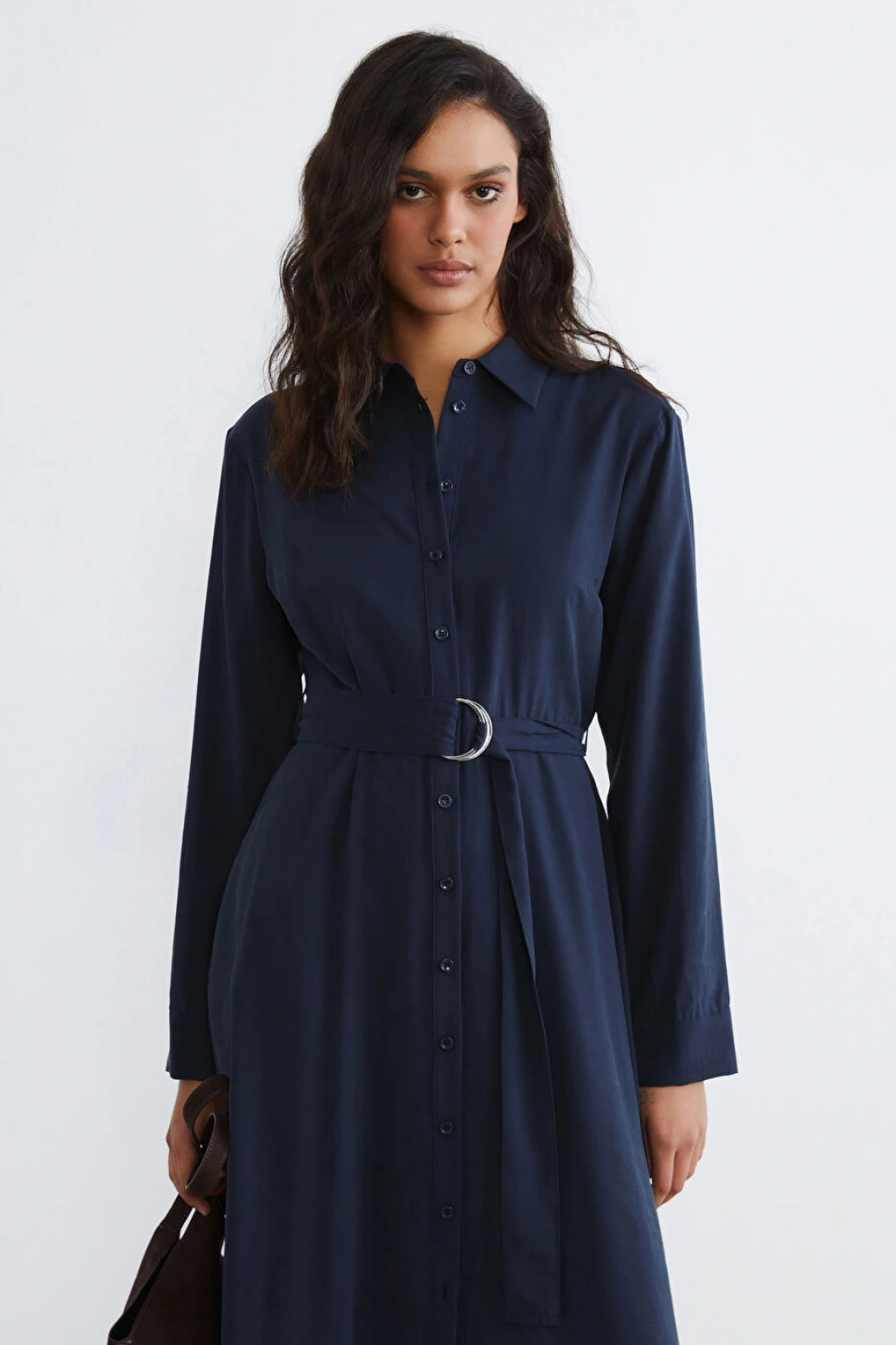 LCW Vision Lacivert Beli Kemerli Gömlek Elbise