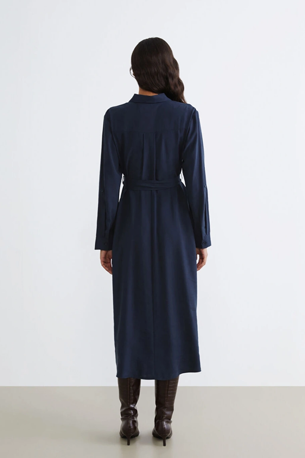 LCW Vision Lacivert Beli Kemerli Gömlek Elbise