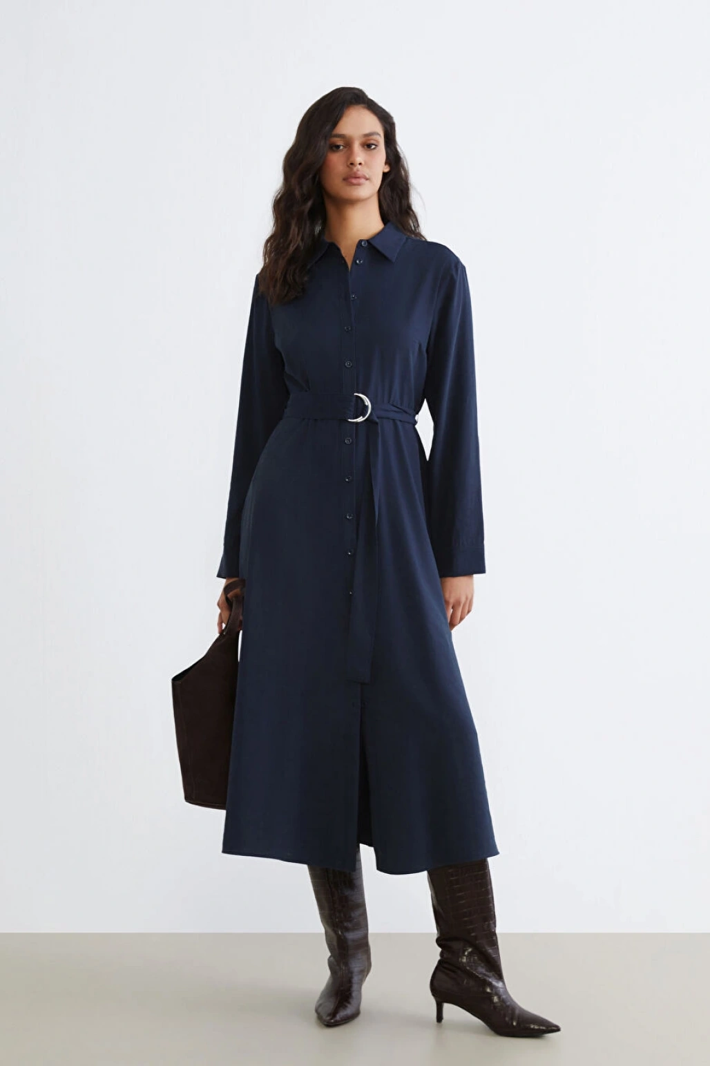 LCW Vision Lacivert Beli Kemerli Gömlek Elbise