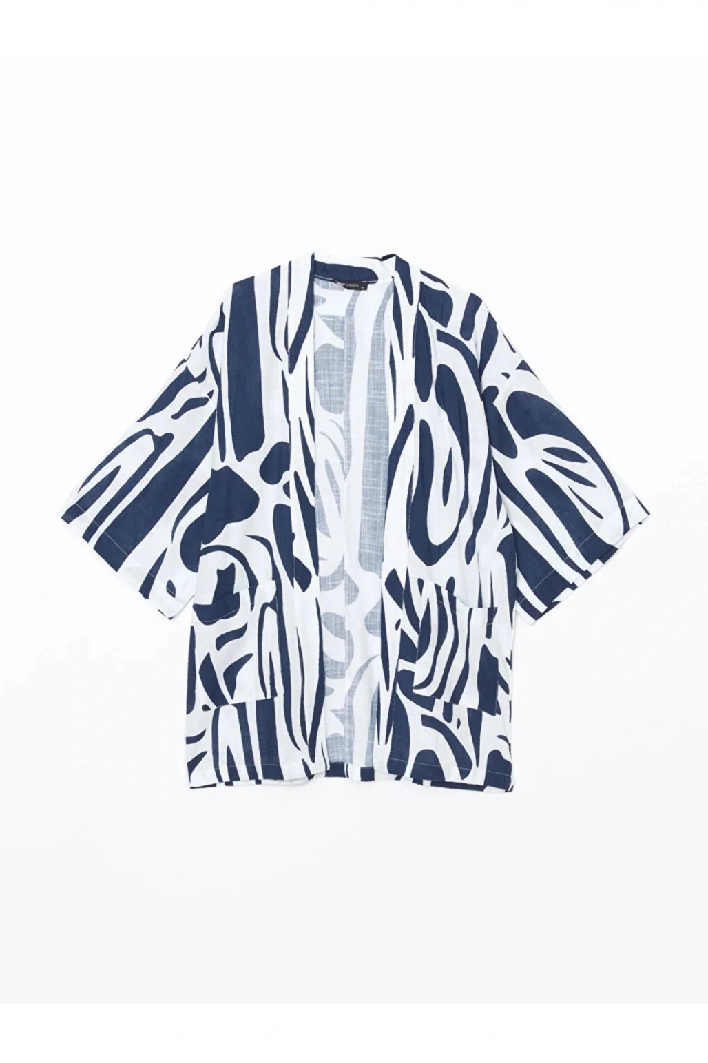 LCW Vision Lacivert Şal Yaka Desenli Keten Görünümlü Kadın Kimono