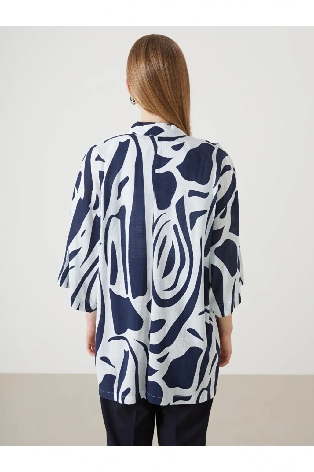 LCW Vision Lacivert Şal Yaka Desenli Keten Görünümlü Kadın Kimono