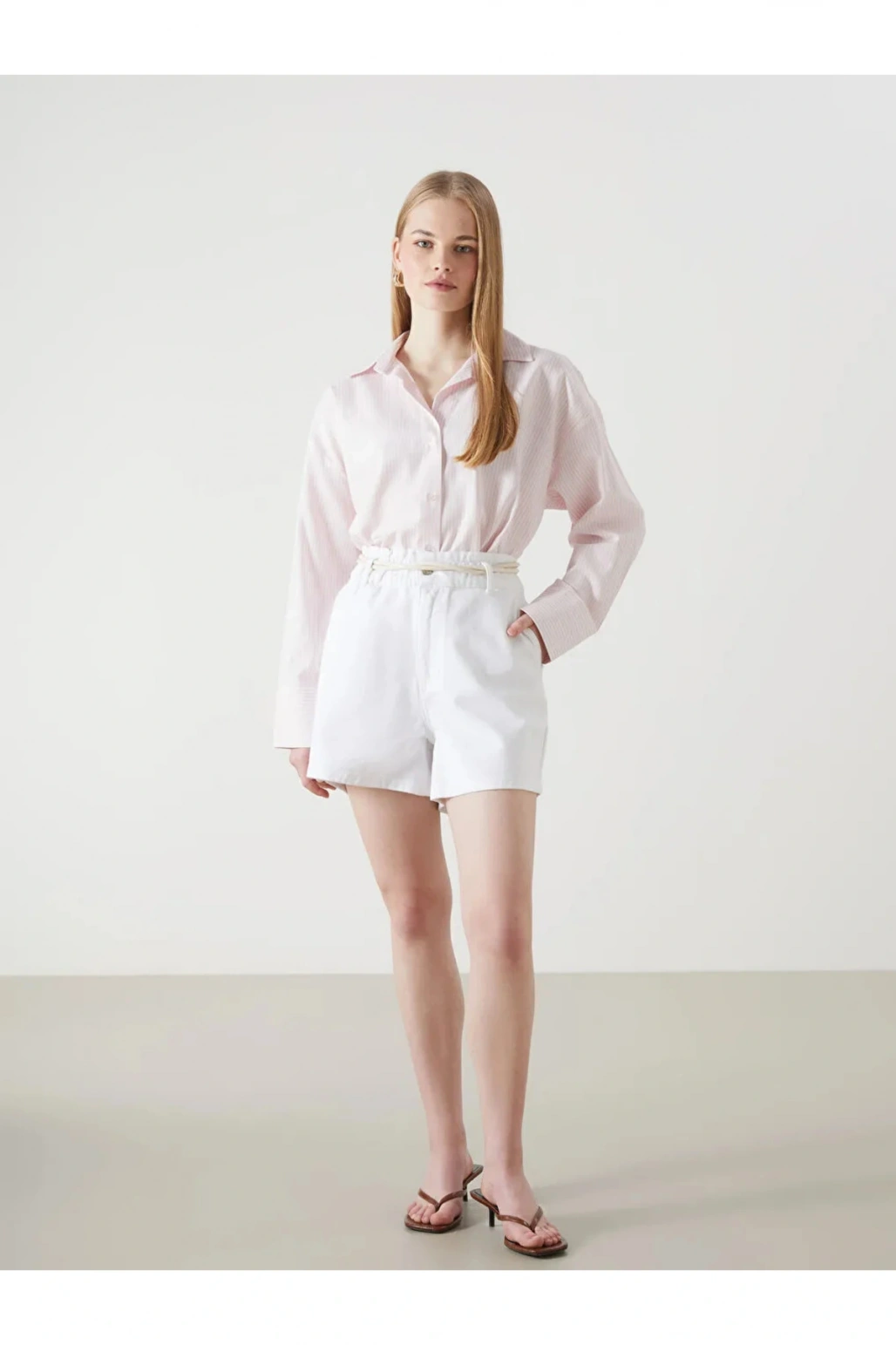 LCW Vision Pembe Çizgili Oversize Oxford Kadın Gömlek T T