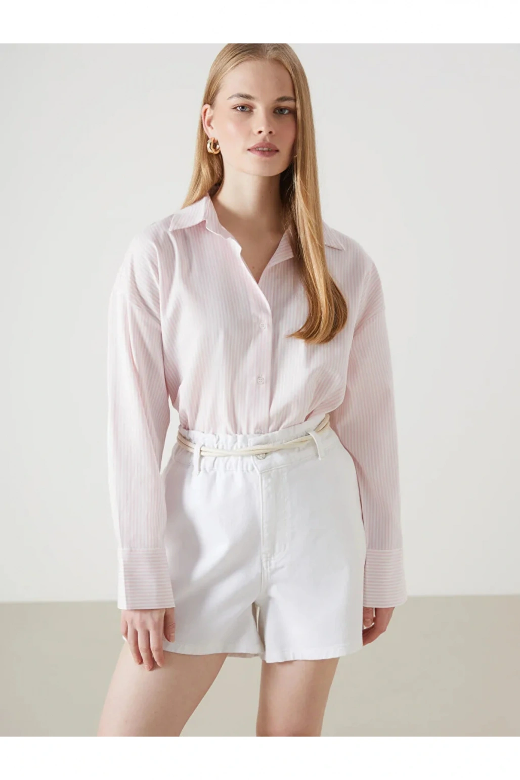 LCW Vision Pembe Çizgili Oversize Oxford Kadın Gömlek T T