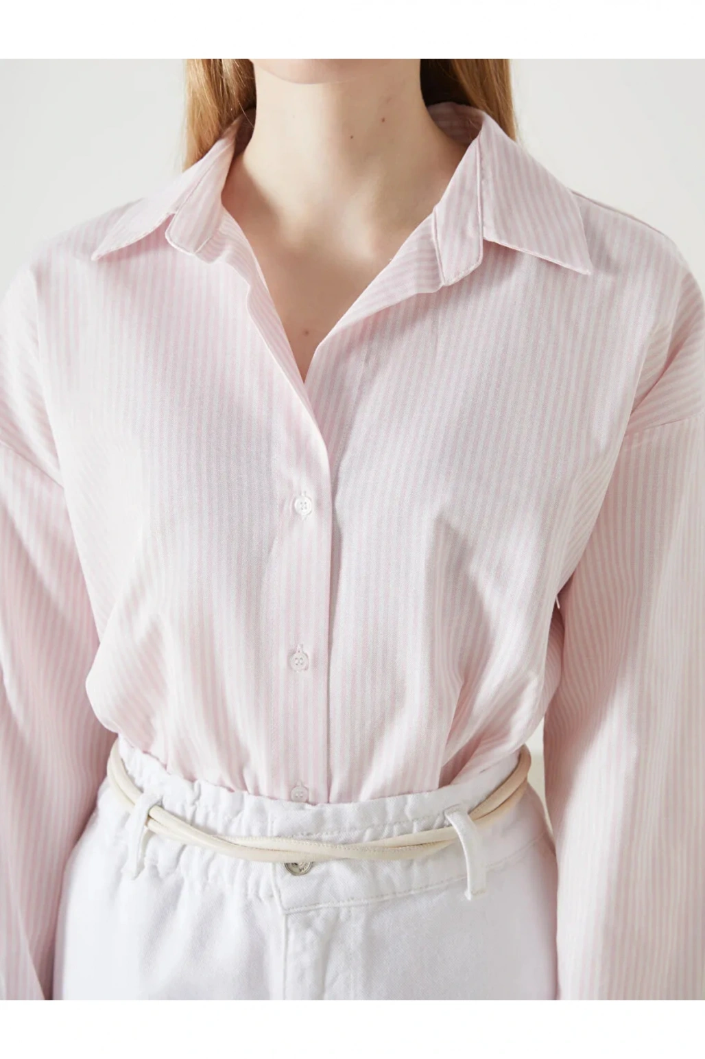 LCW Vision Pembe Çizgili Oversize Oxford Kadın Gömlek T T