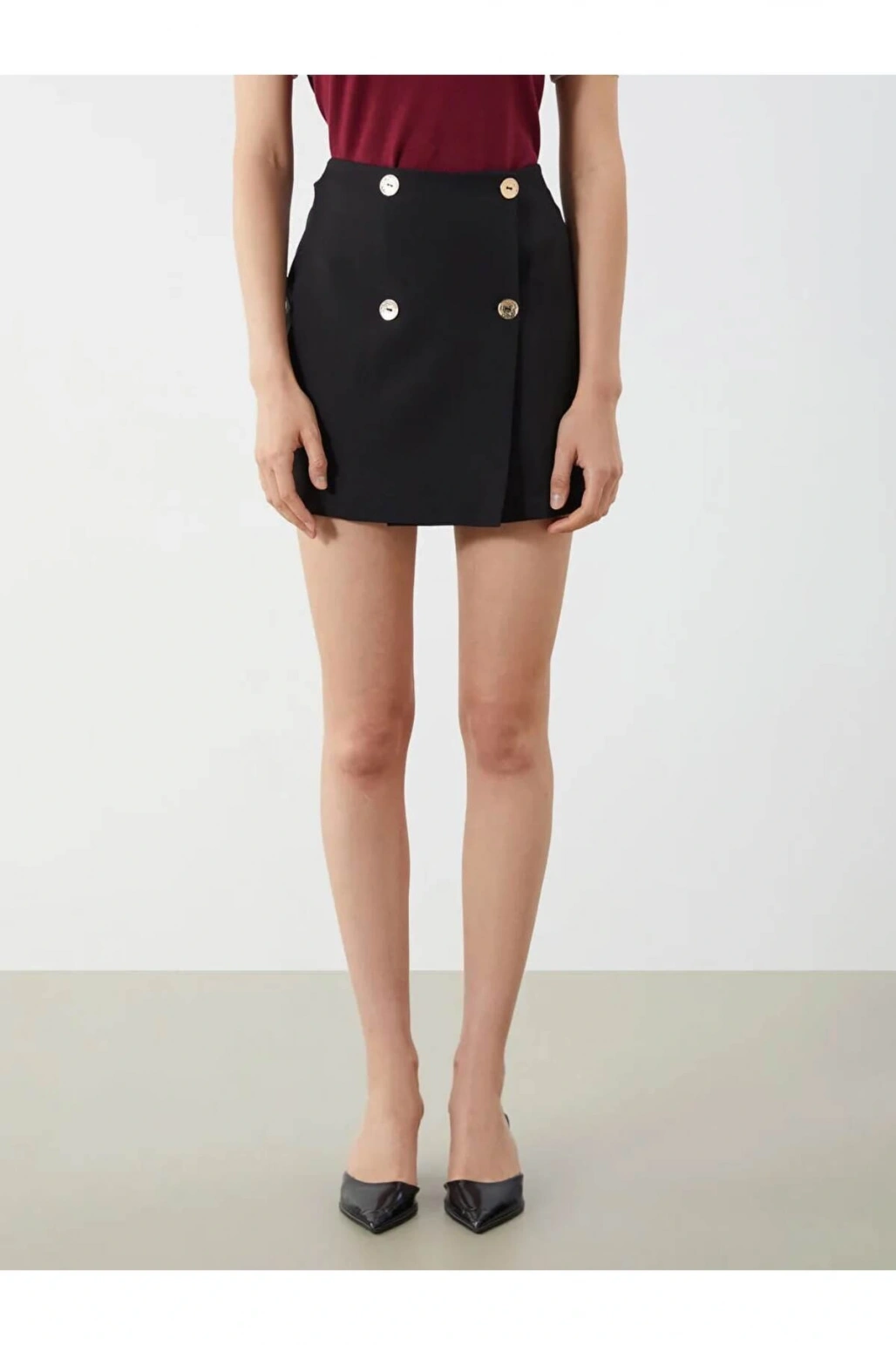 LCW Vision Siyah Beli Lastikli Düğmeli Mini Etek
