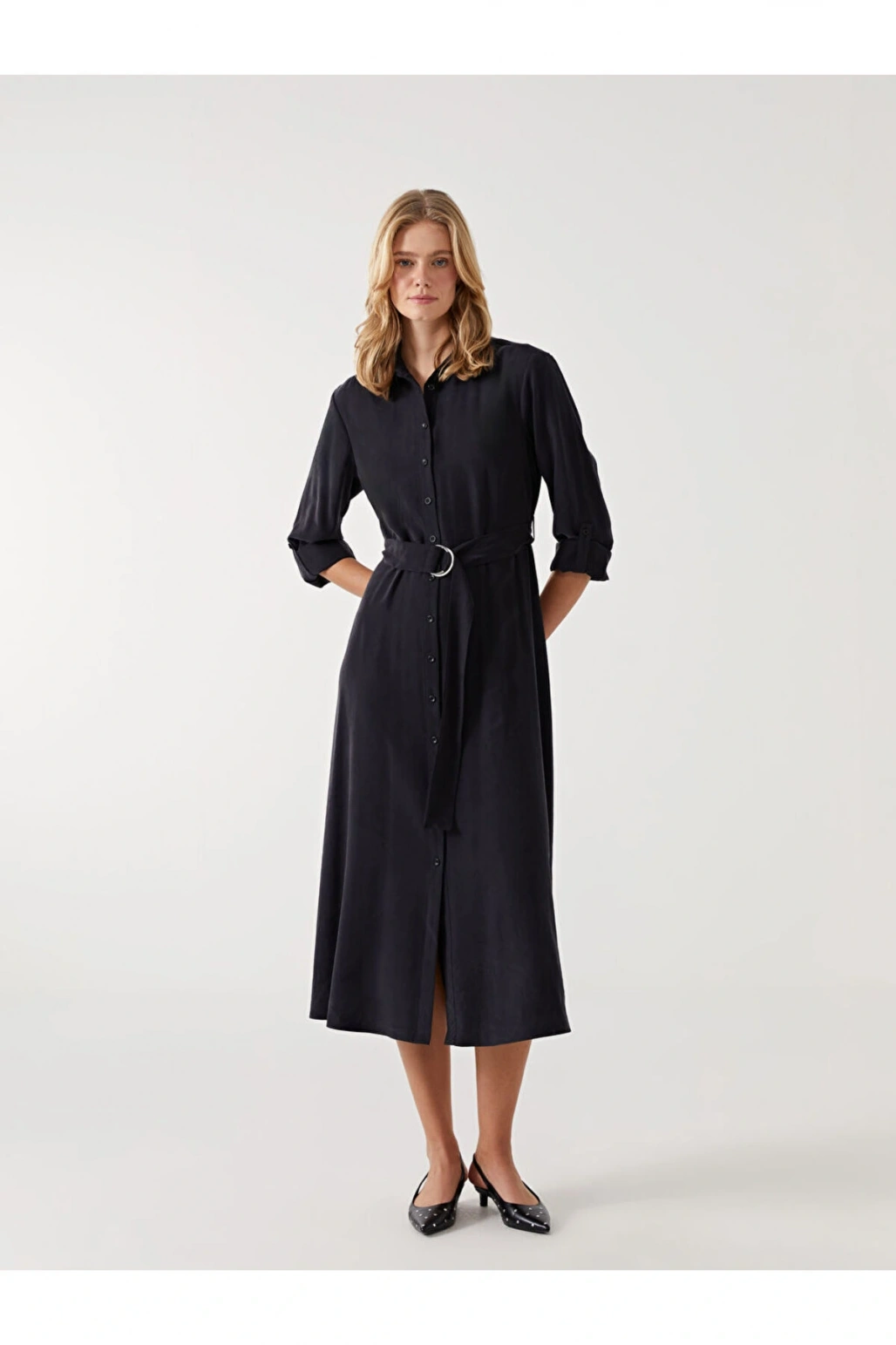 LCW Vision Siyah Düz Uzun Kollu Kadın Gömlek Elbise