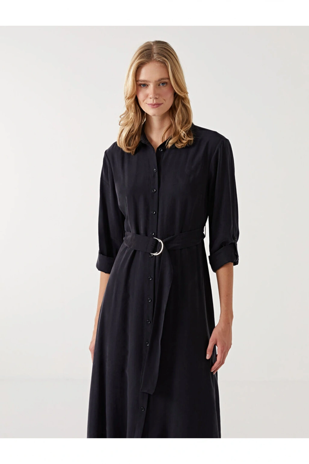 LCW Vision Siyah Düz Uzun Kollu Kadın Gömlek Elbise