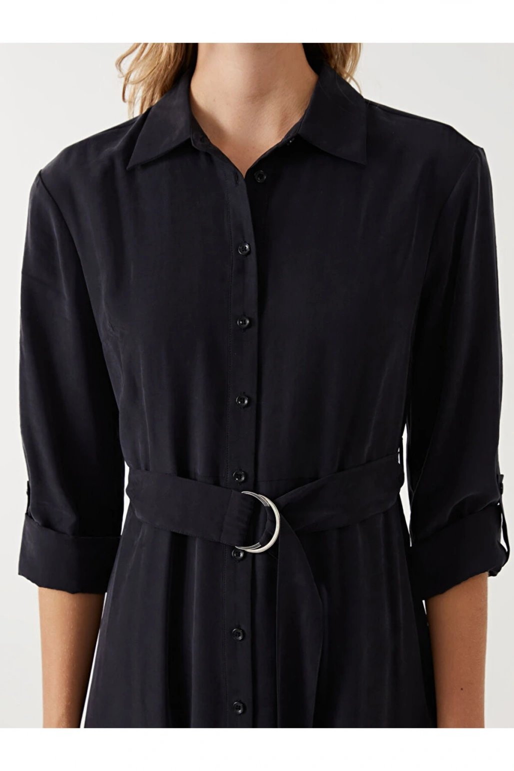 LCW Vision Siyah Düz Uzun Kollu Kadın Gömlek Elbise