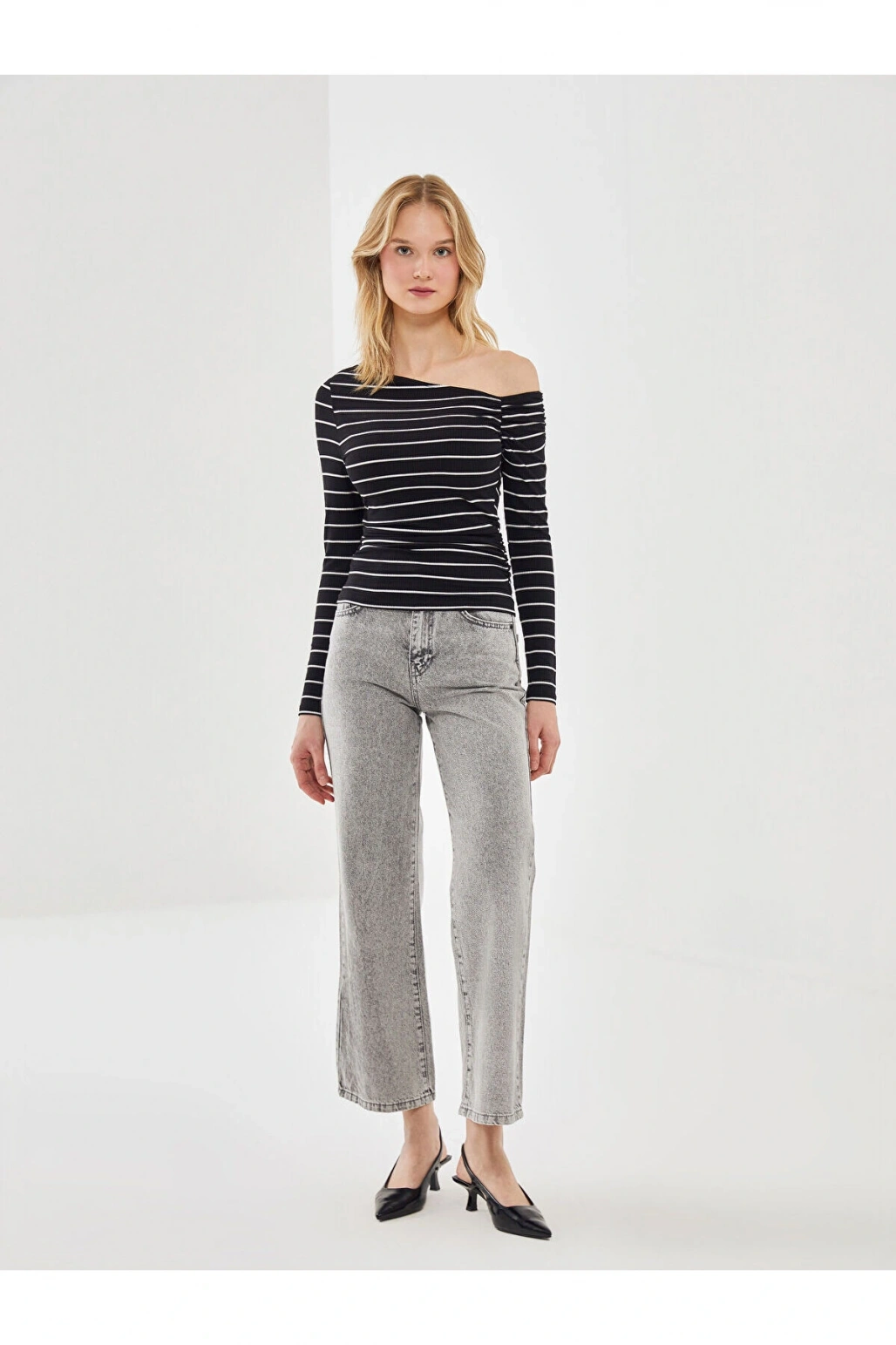 LCW Vision Siyah Kayık Yaka Çizgili Kadın Body