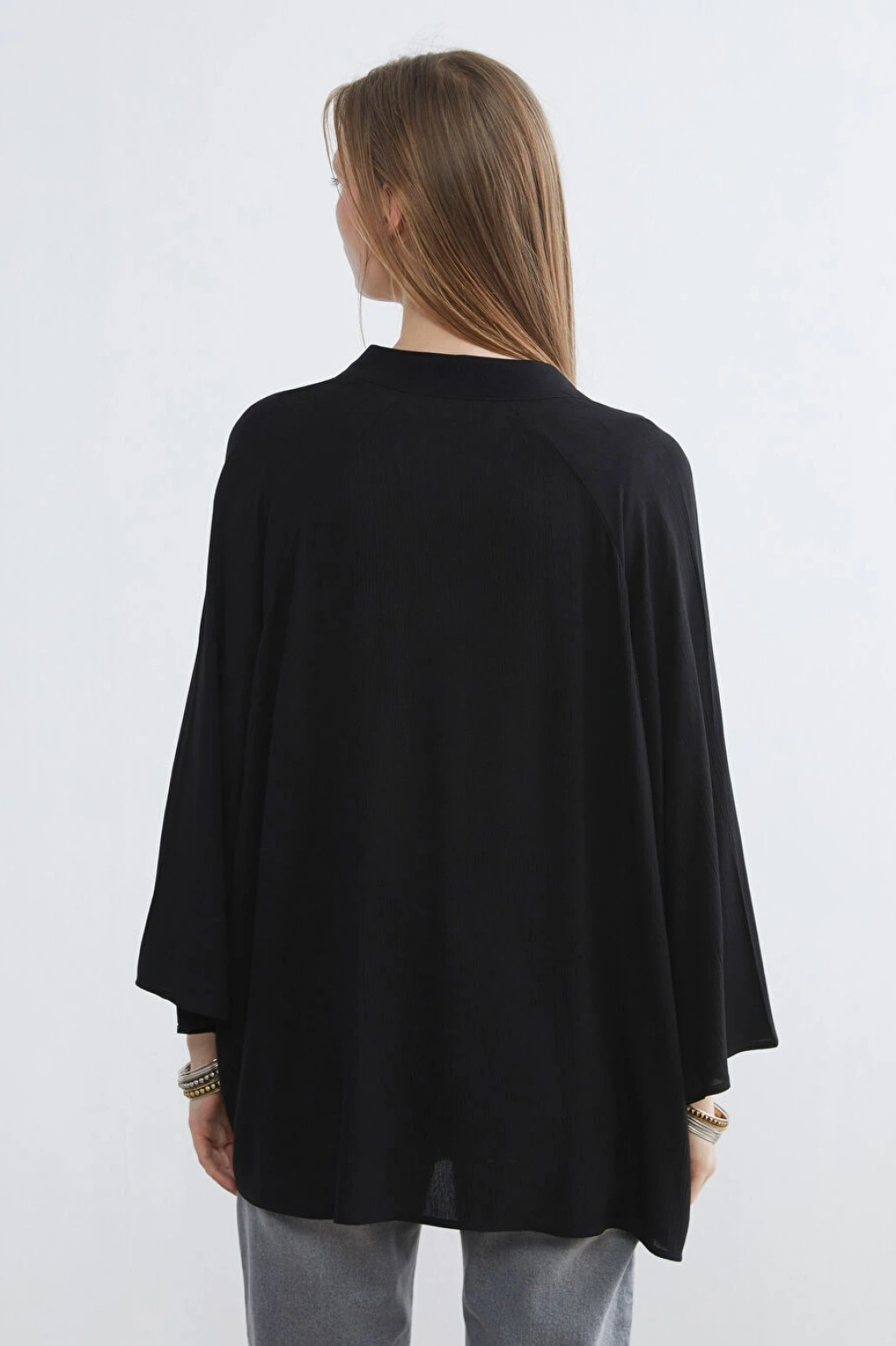 LCW Vision Siyah Şal Yaka Oversize Kadın Kimono