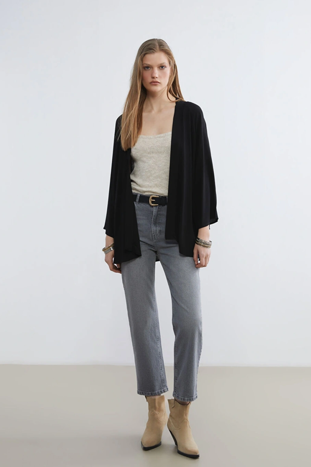 LCW Vision Siyah Şal Yaka Oversize Kadın Kimono