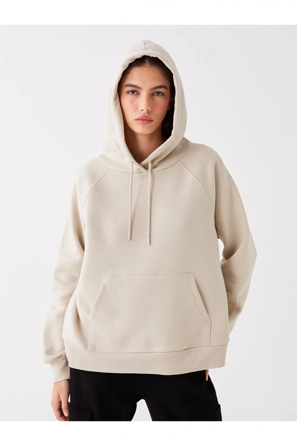 LCW Vision Bej Düz Oversize Kadın Hoodie