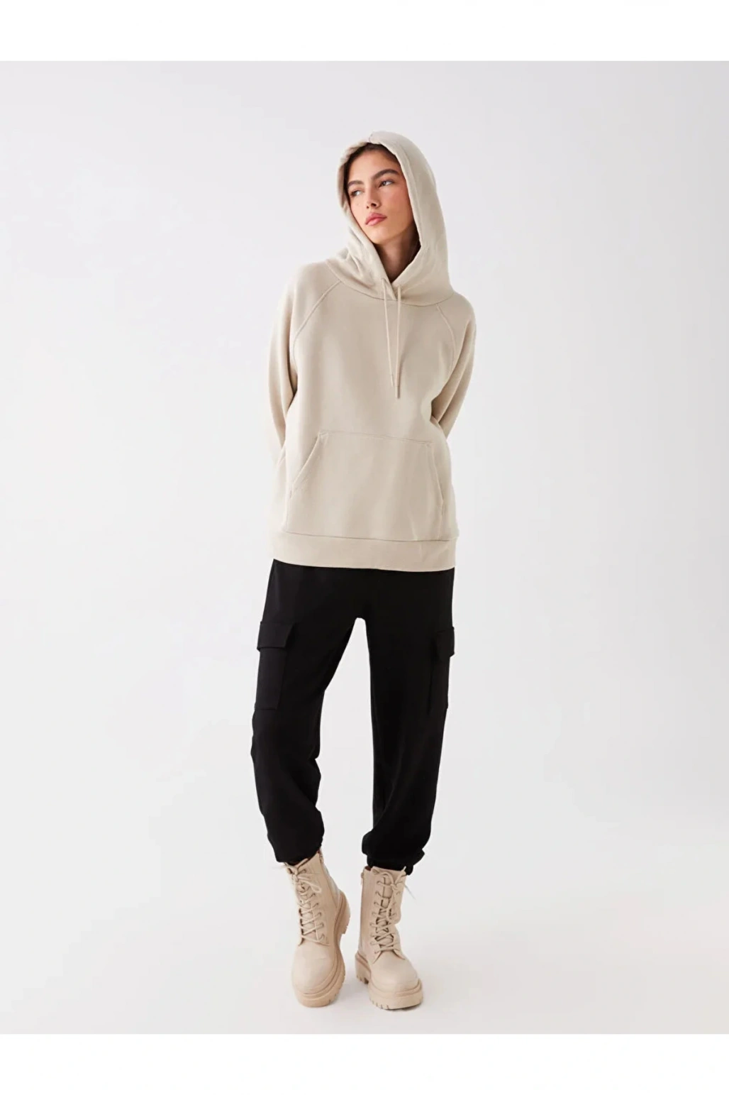 LCW Vision Bej Düz Oversize Kadın Hoodie