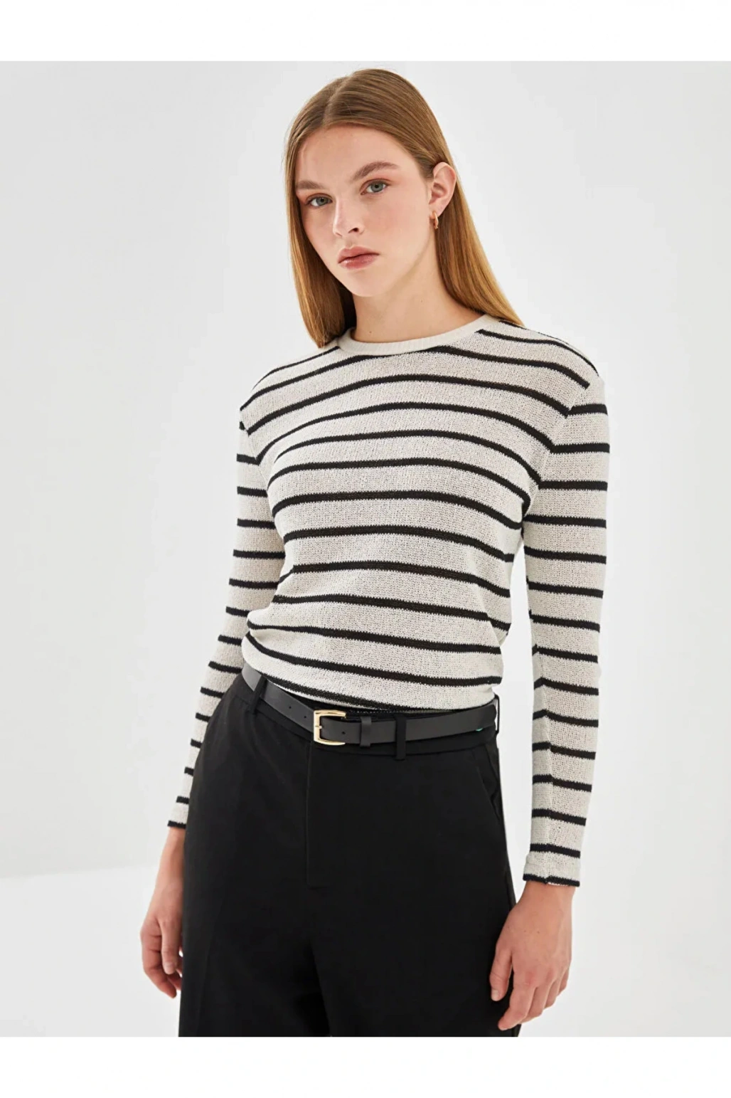 LCW Vision Ekru Çizgili Bisiklet Yaka Çizgili Kadın Kazak