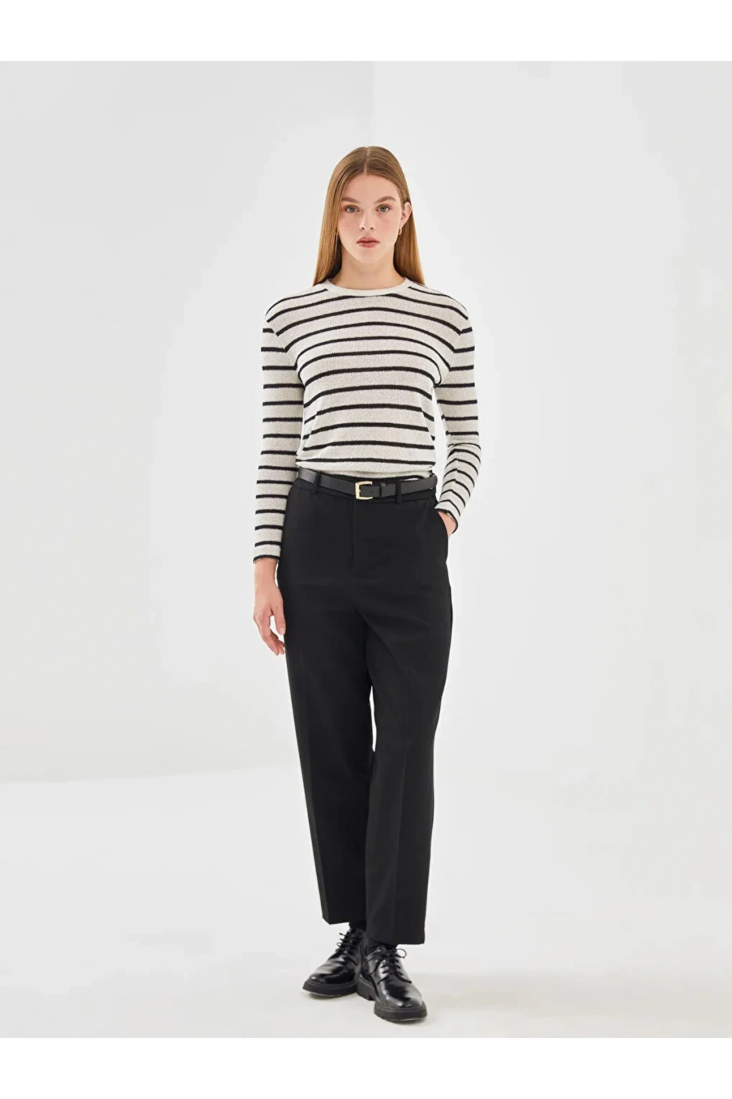 LCW Vision Ekru Çizgili Bisiklet Yaka Çizgili Kadın Kazak