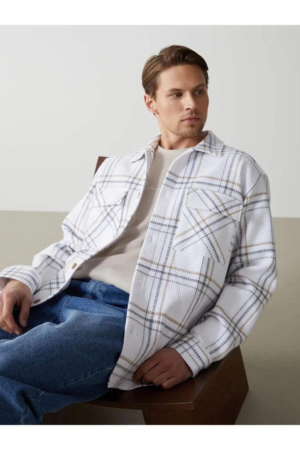 LCW VisionEkru Regular Fit Uzun Kollu Ekose Erkek Gömlek Ceket