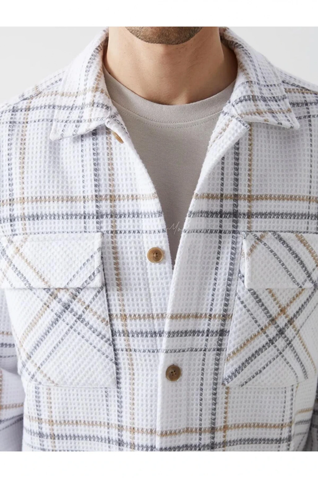 LCW VisionEkru Regular Fit Uzun Kollu Ekose Erkek Gömlek Ceket