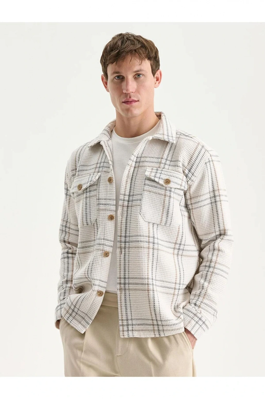 LCW VisionEkru Regular Fit Uzun Kollu Ekose Erkek Gömlek Ceket