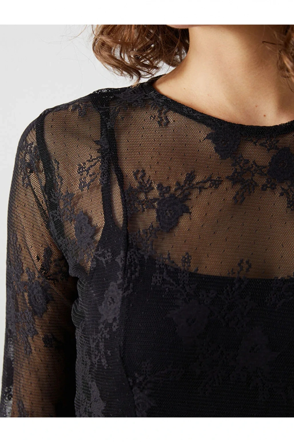 LCW Vision Siyah Bisiklet Yaka Dantel Detaylı Nakışlı Kadın Elbise