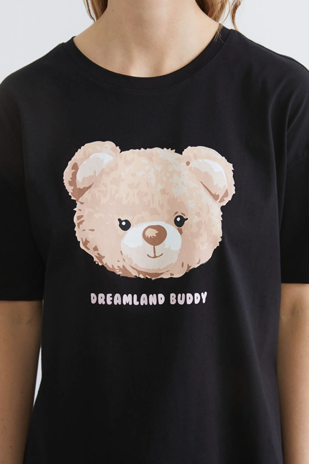 LCW Young Siyah Bisiklet Yaka Ayı Baskılı Kadın Pijama Takımı