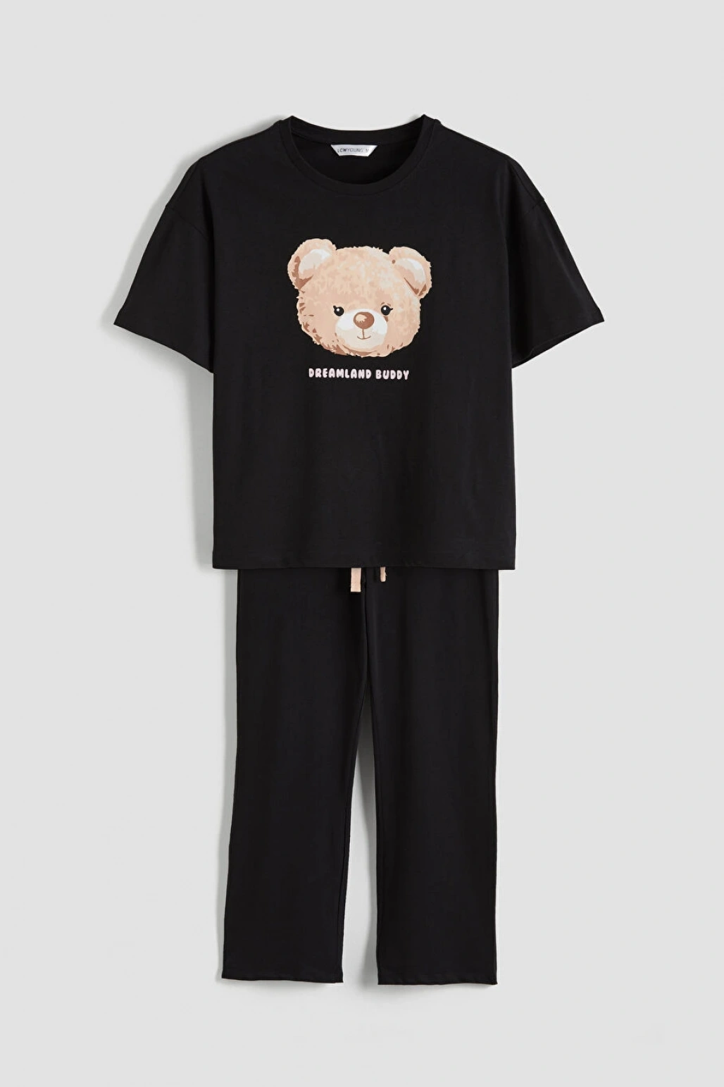 LCW Young Siyah Bisiklet Yaka Ayı Baskılı Kadın Pijama Takımı
