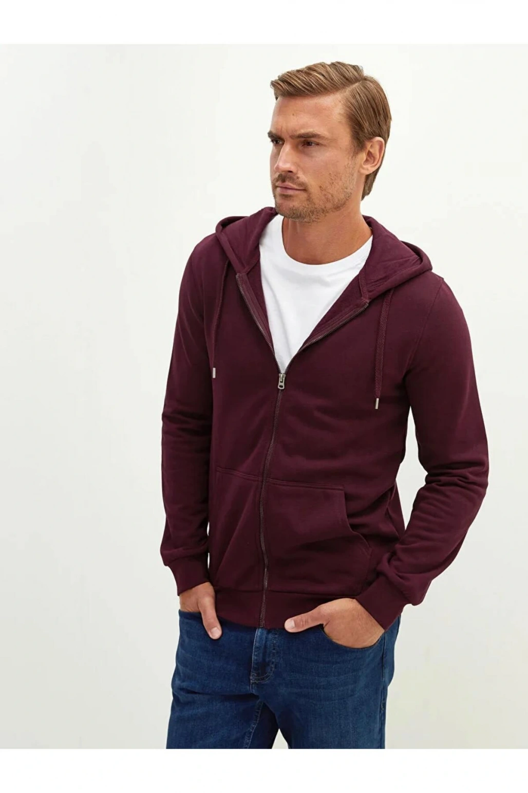 LCWAIKIKI Basic Bordo Kapüşonlu Uzun Kollu Erkek Fermuarlı Sweatshirt