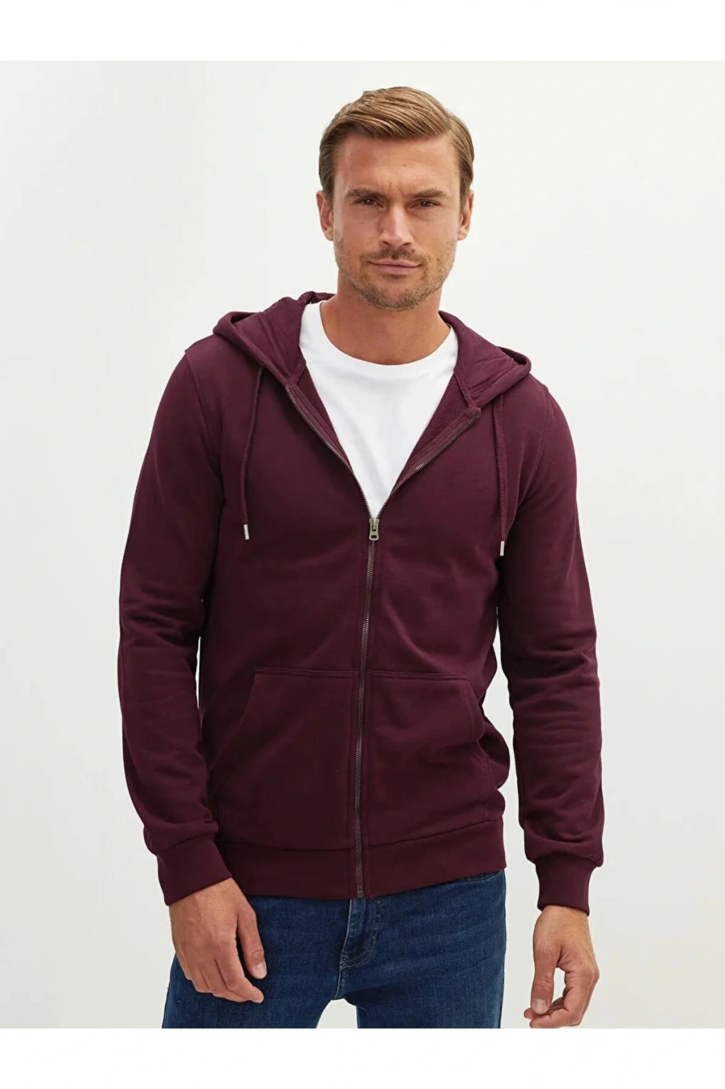 LCWAIKIKI Basic Bordo Kapüşonlu Uzun Kollu Erkek Fermuarlı Sweatshirt