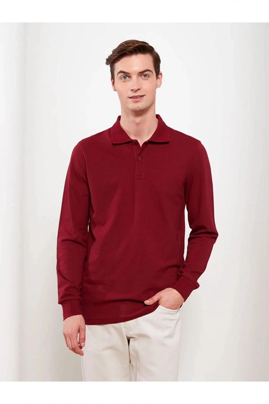 LCWAIKIKI Basic Bordo Polo Yaka Uzun Kollu Pike Erkek Tişört