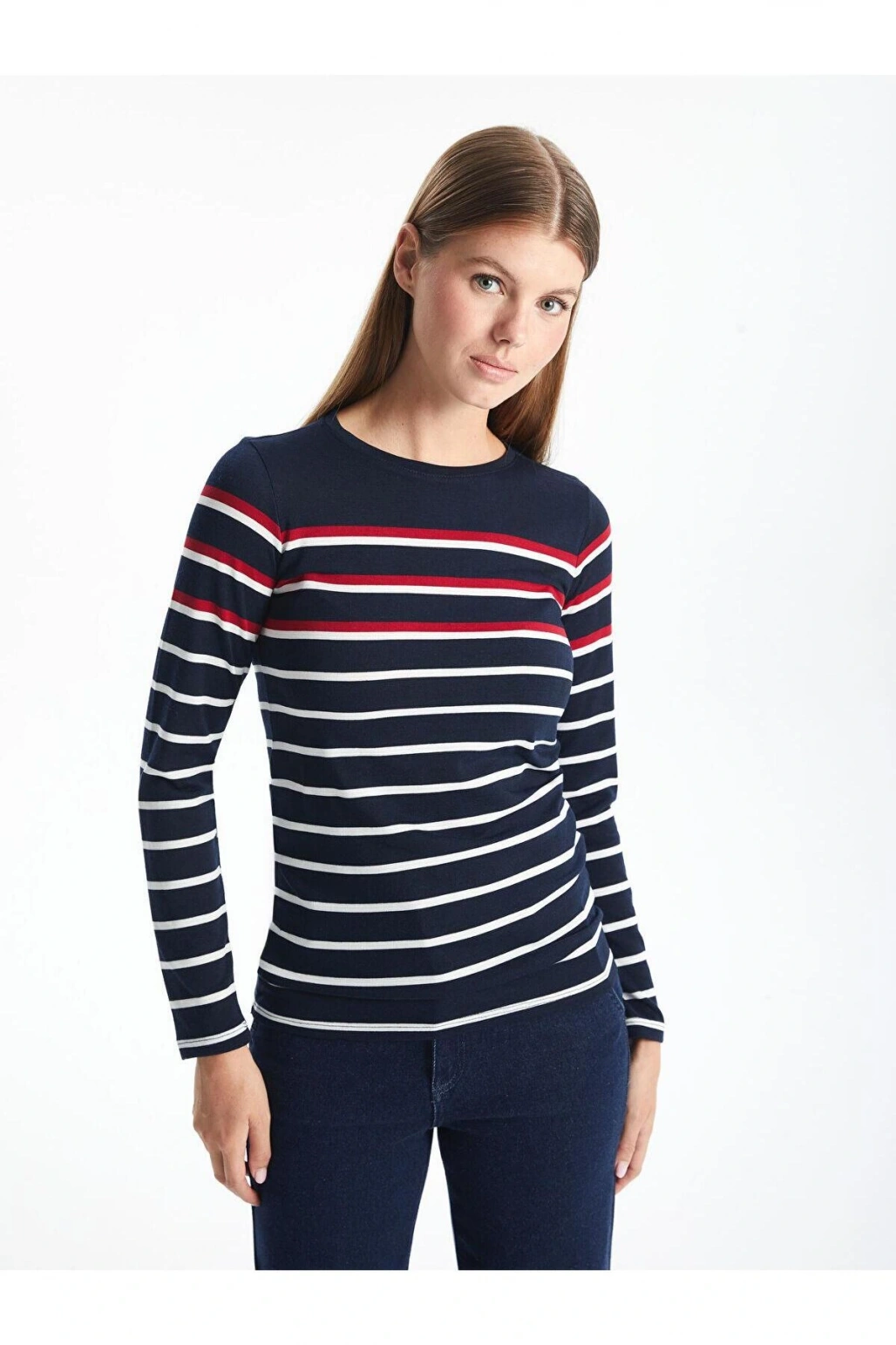 LCWAIKIKI Basic Çizgili Bisiklet Yaka Çizgili Kadın Tişört (W4)