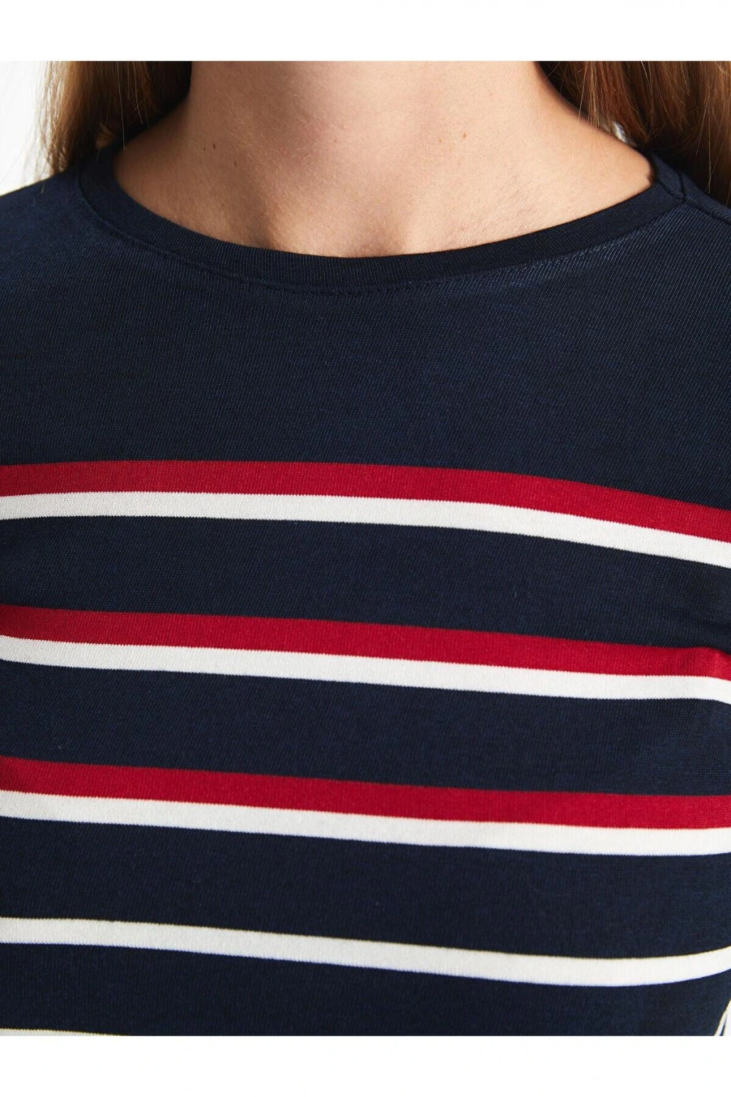 LCWAIKIKI Basic Çizgili Bisiklet Yaka Çizgili Kadın Tişört (W4)