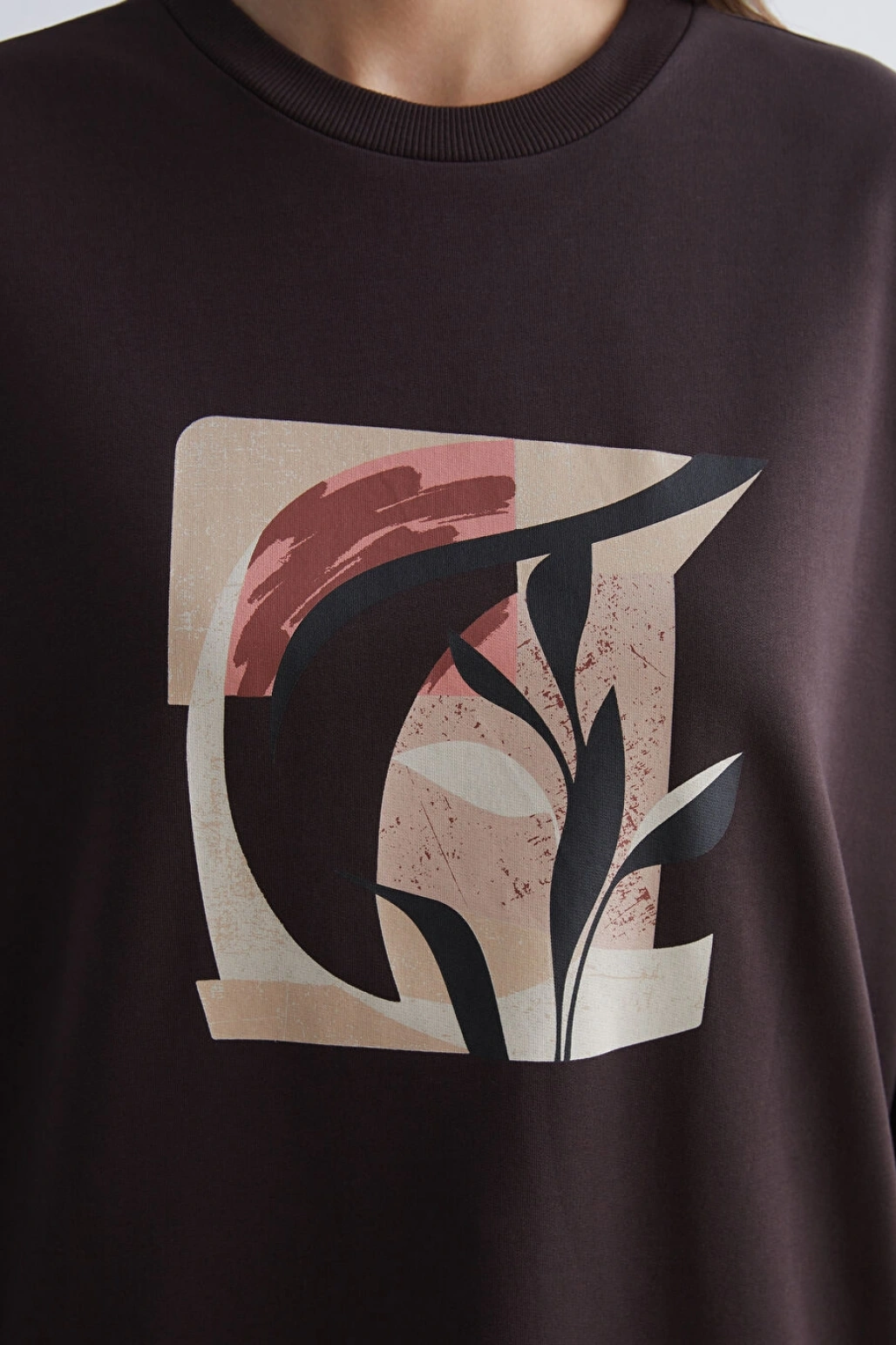 LCWAIKIKI Basic Kahverengi Baskılı Oversize Kadın Sweatshirt Tunik