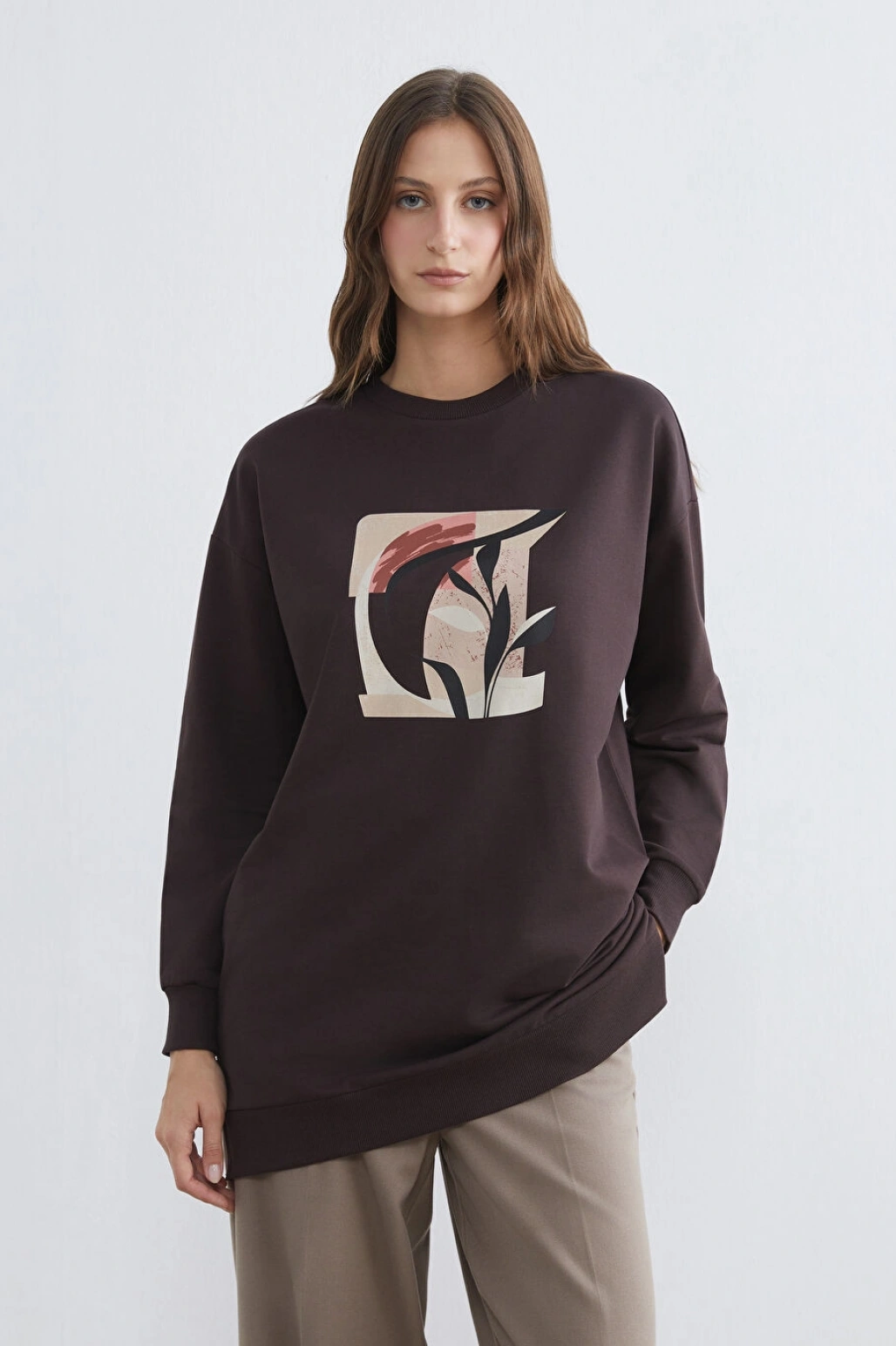 LCWAIKIKI Basic Kahverengi Baskılı Oversize Kadın Sweatshirt Tunik