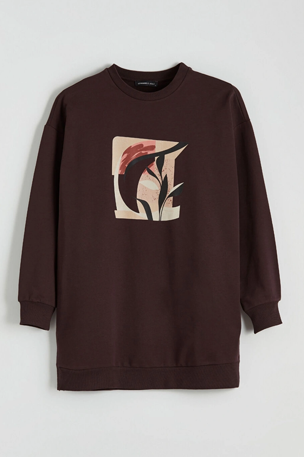 LCWAIKIKI Basic Kahverengi Baskılı Oversize Kadın Sweatshirt Tunik