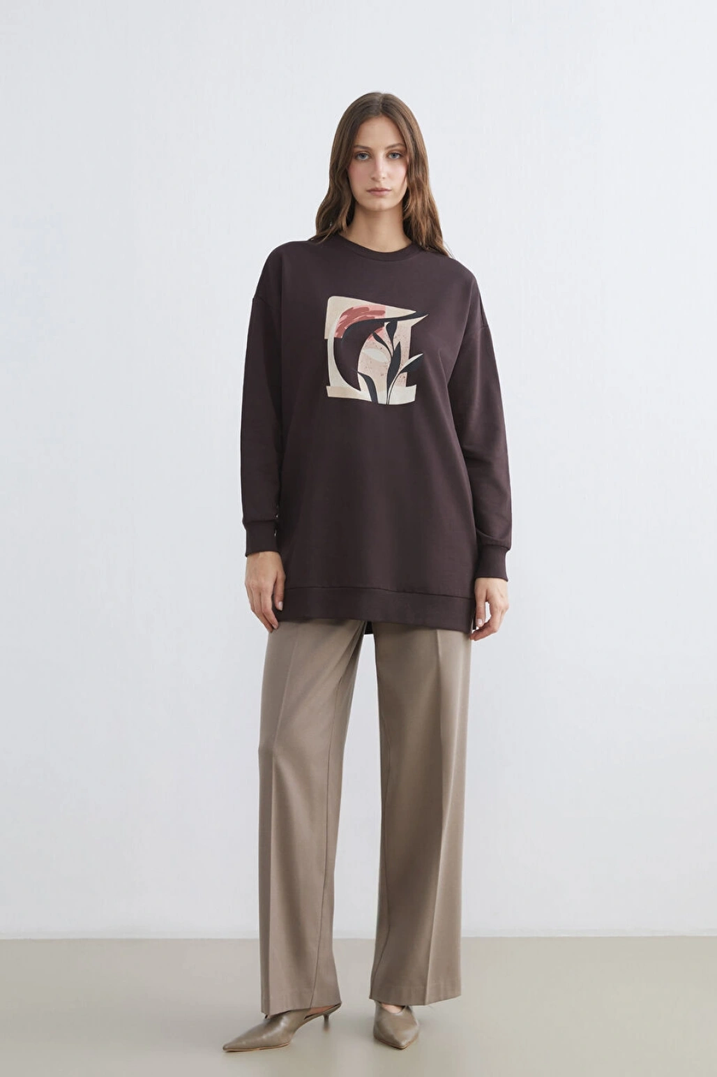 LCWAIKIKI Basic Kahverengi Baskılı Oversize Kadın Sweatshirt Tunik