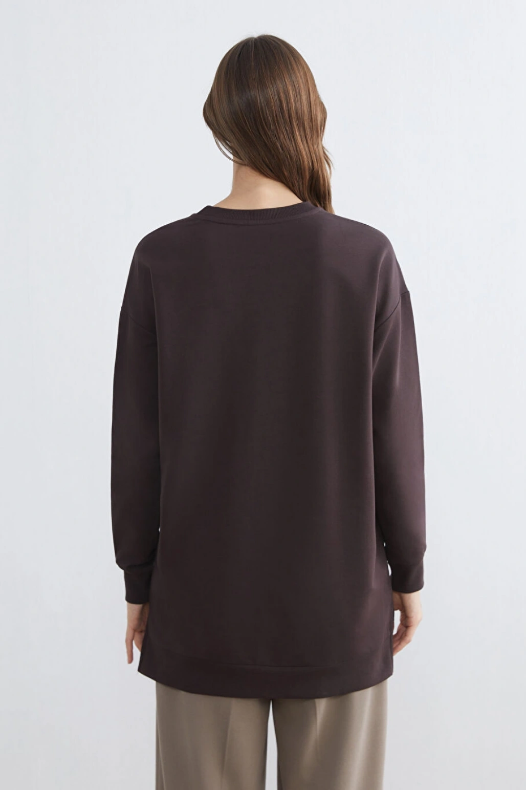 LCWAIKIKI Basic Kahverengi Baskılı Oversize Kadın Sweatshirt Tunik