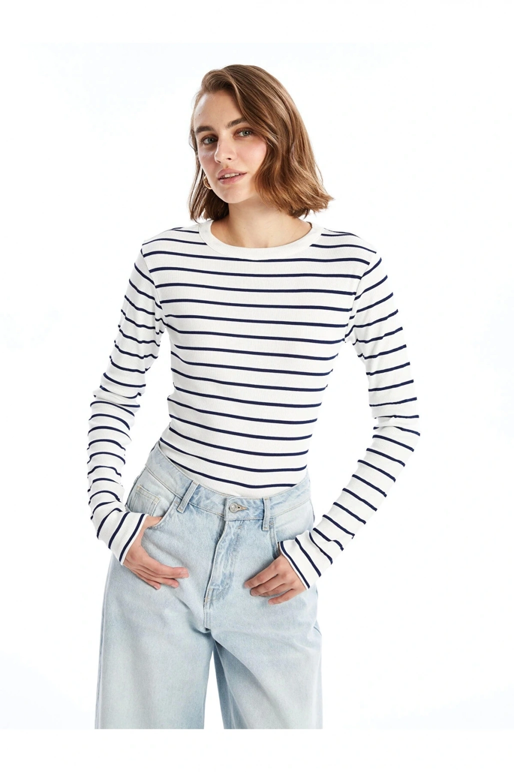 LCWAIKIKI Basic Lacivert Bisiklet Yaka Çizgili Kadın Body