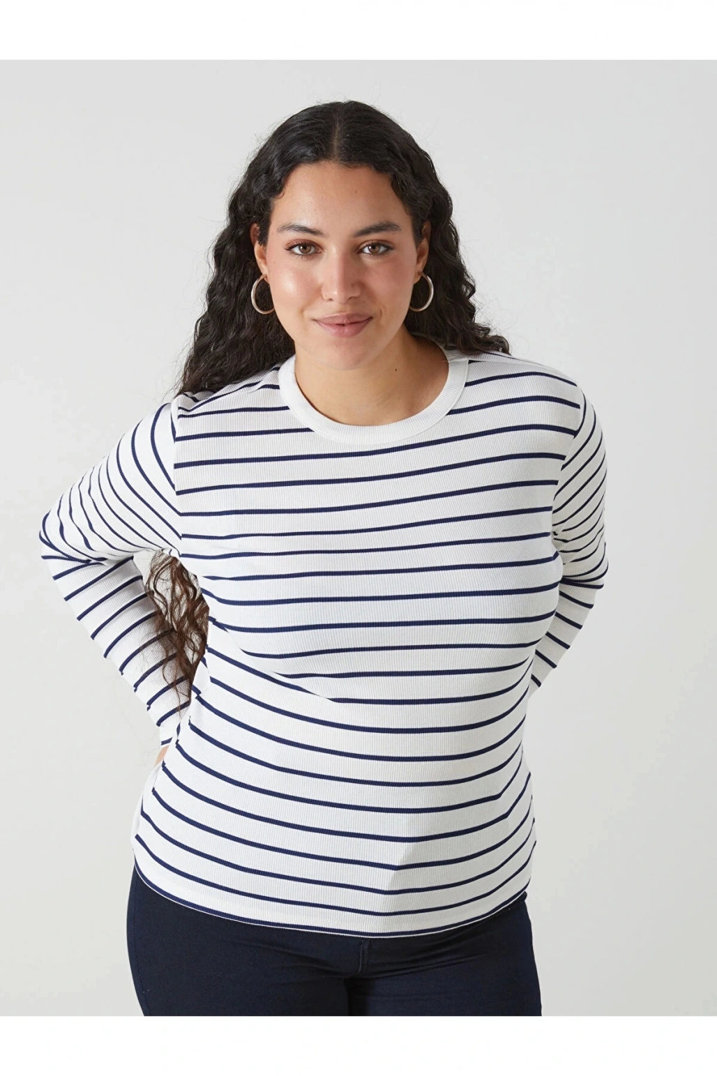 LCWAIKIKI Basic Lacivert Bisiklet Yaka Çizgili Kadın Body