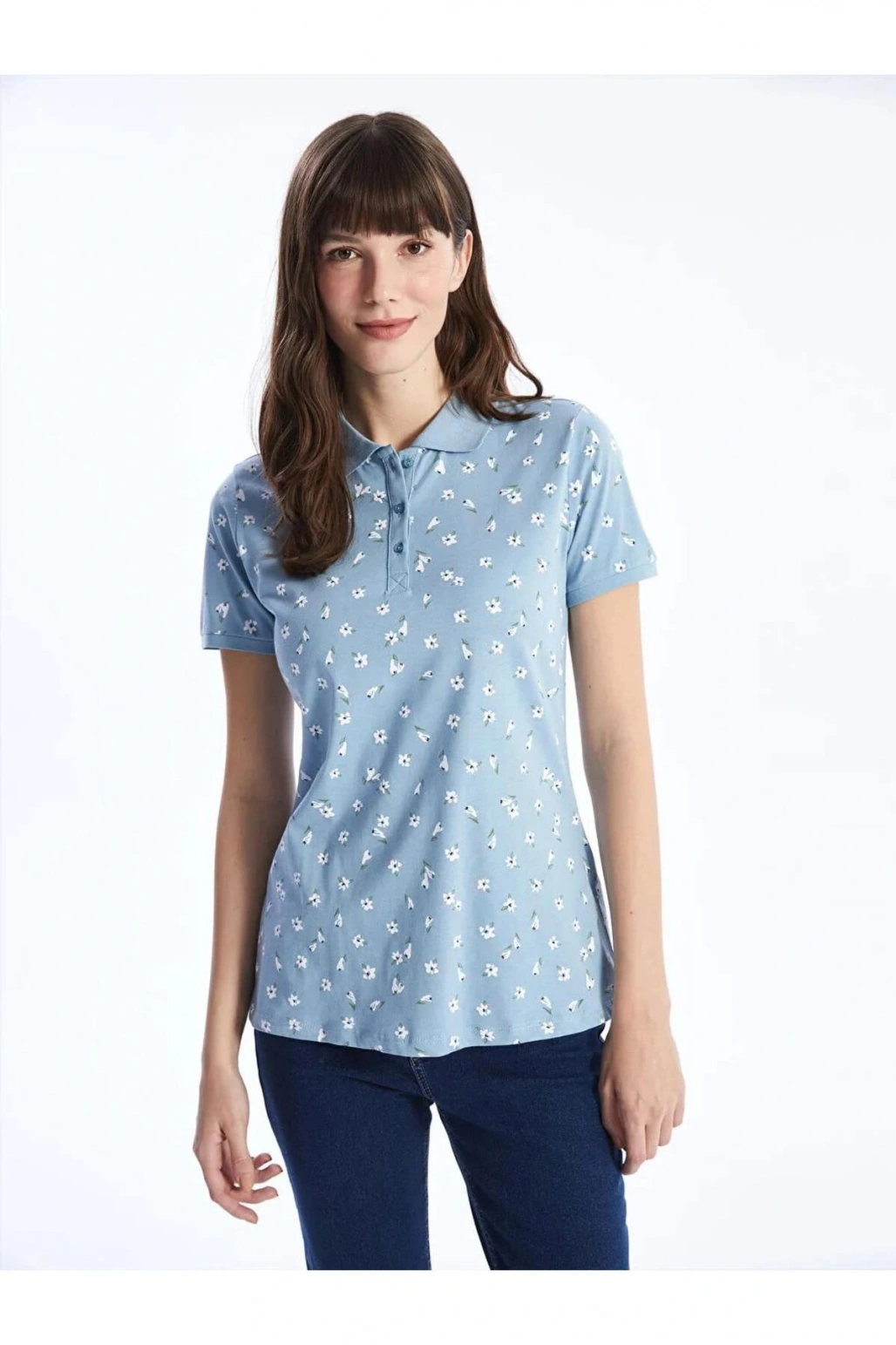 LCWAIKIKI Basic Mavi Polo Yaka Desenli Kısa Kollu Kadın Tişört
