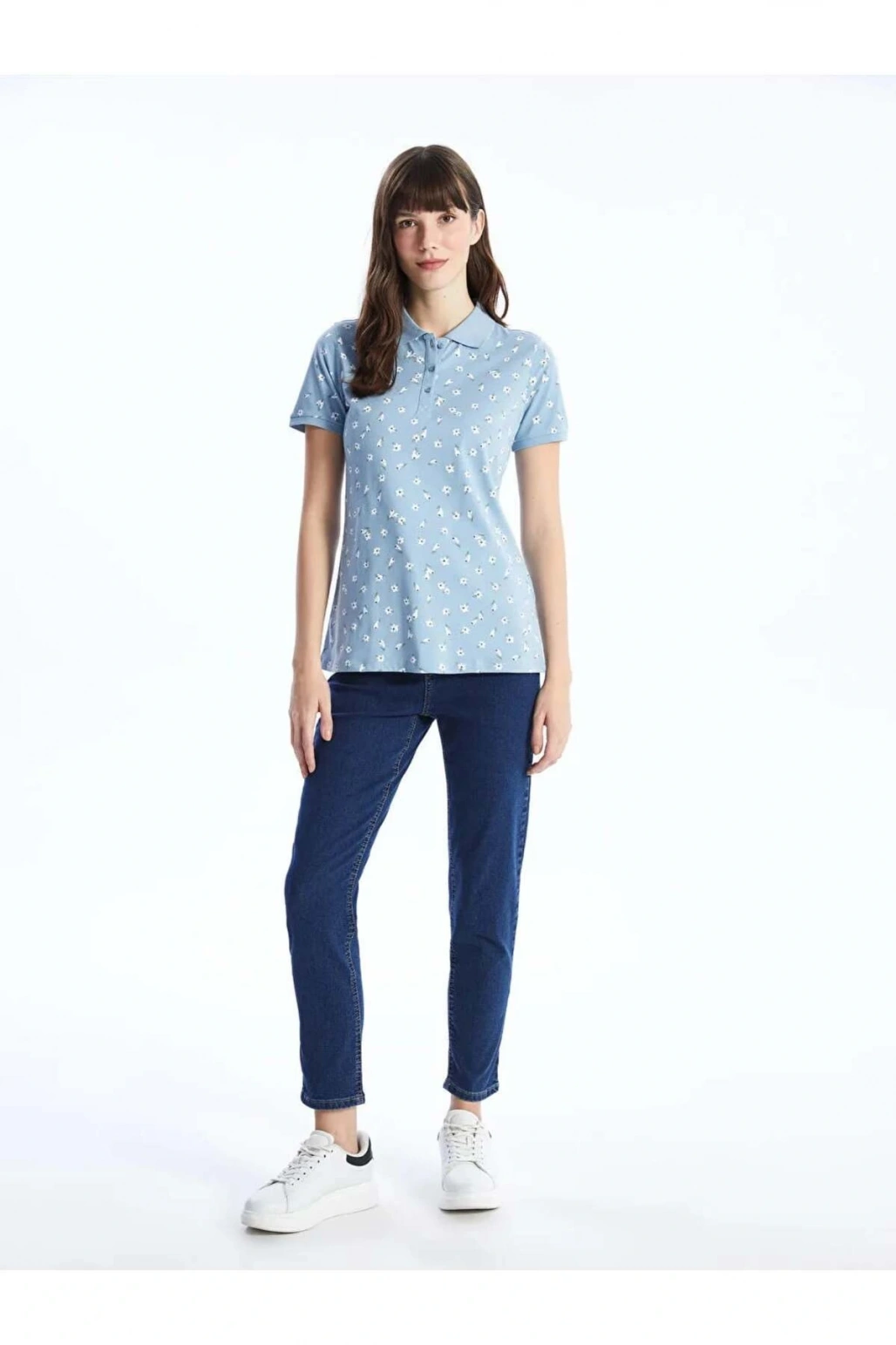 LCWAIKIKI Basic Mavi Polo Yaka Desenli Kısa Kollu Kadın Tişört