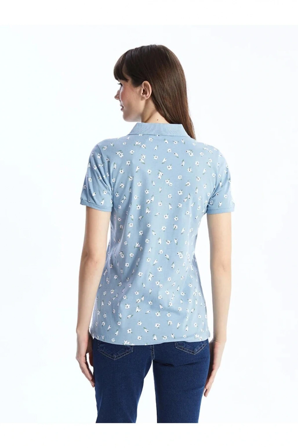 LCWAIKIKI Basic Mavi Polo Yaka Desenli Kısa Kollu Kadın Tişört