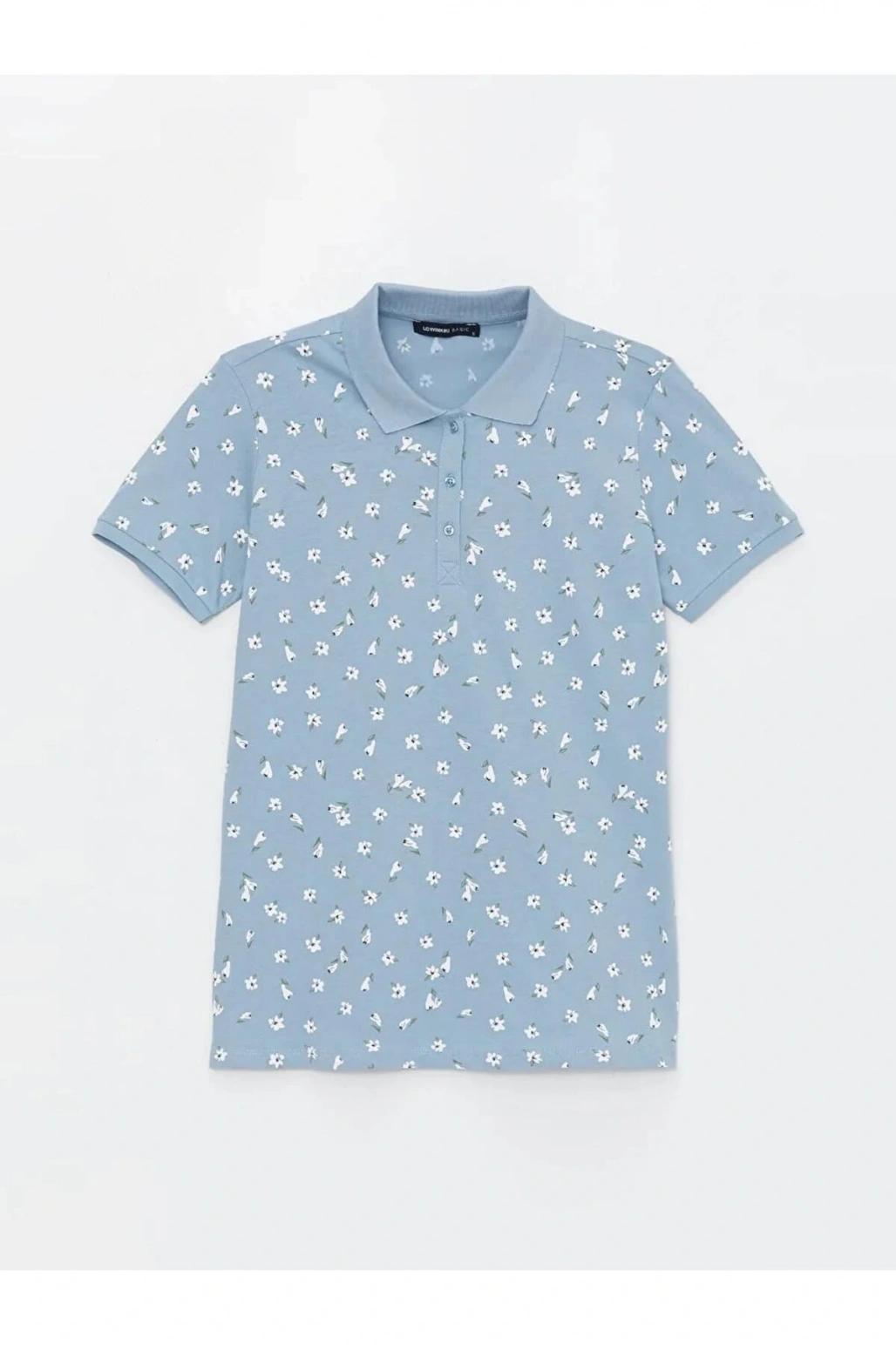LCWAIKIKI Basic Mavi Polo Yaka Desenli Kısa Kollu Kadın Tişört