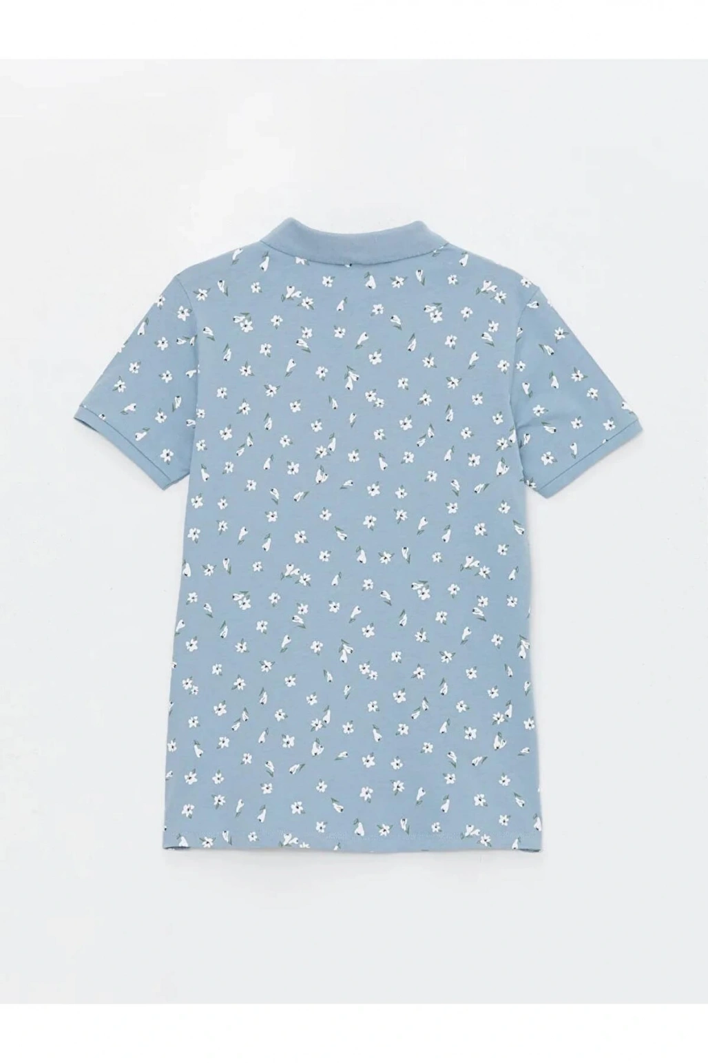 LCWAIKIKI Basic Mavi Polo Yaka Desenli Kısa Kollu Kadın Tişört