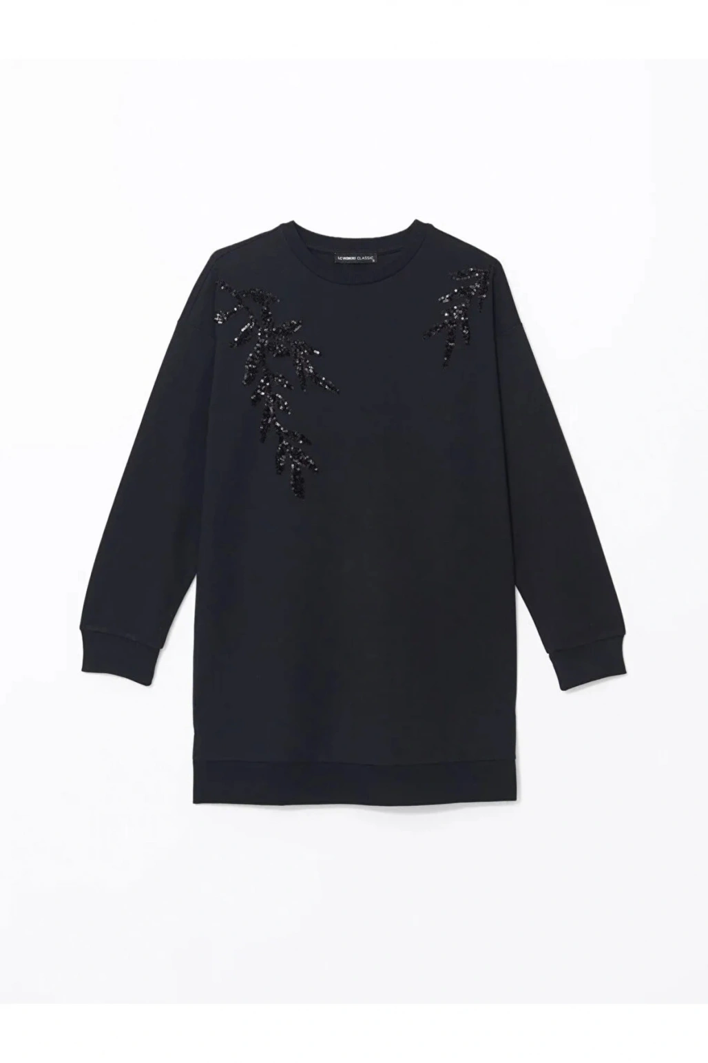 LCWAIKIKI Basic Siyah Bisiklet Yaka Pul İşlemeli Oversize Kadın Sweatshirt Tunik