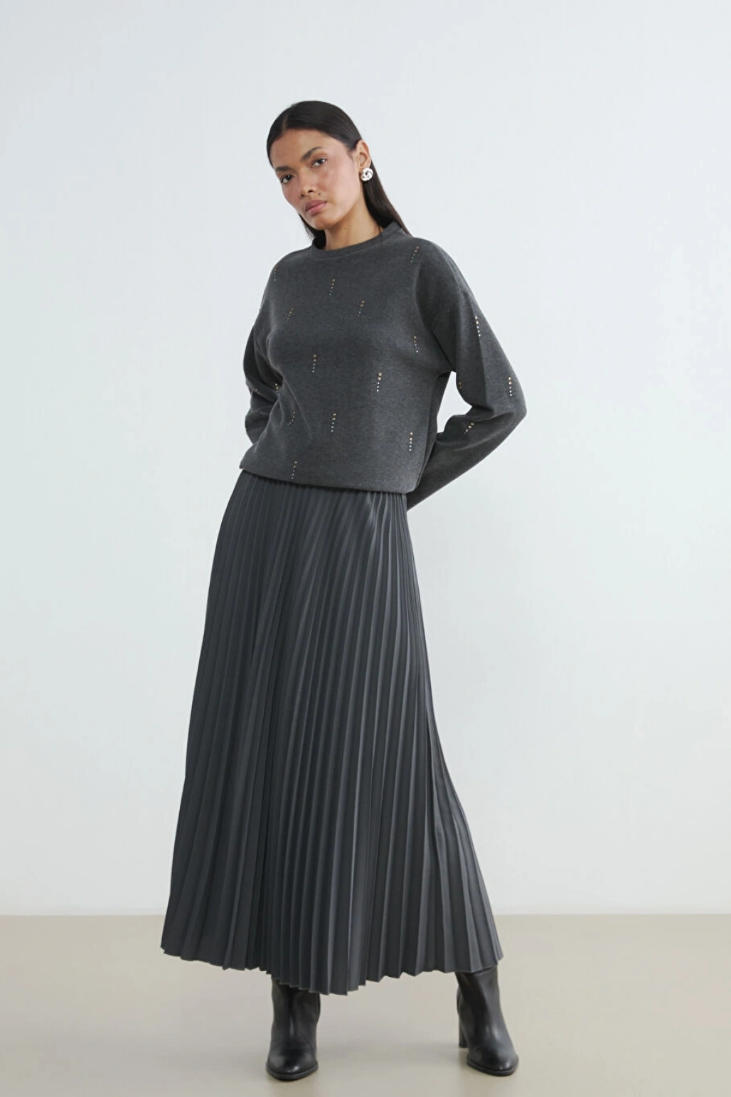 LCWAIKIKI Classic Antrasit Beli Lastikli Pileli Etek