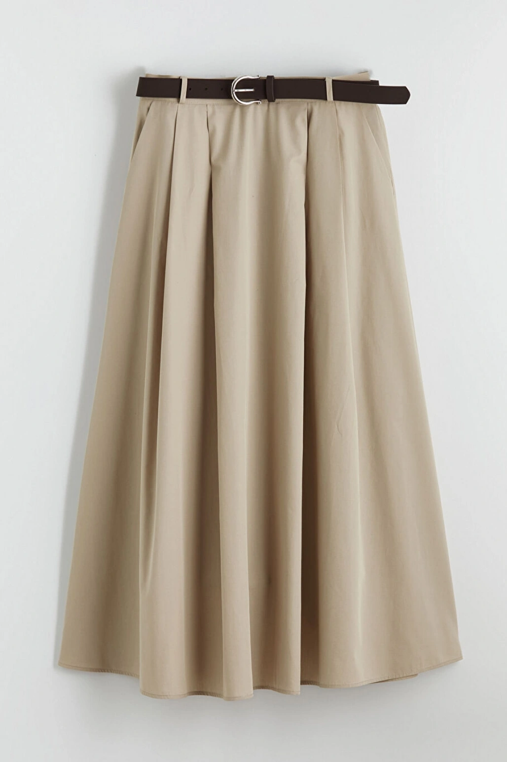 LCWAIKIKI Classic Bej Beli Kemerli Pileli Etek