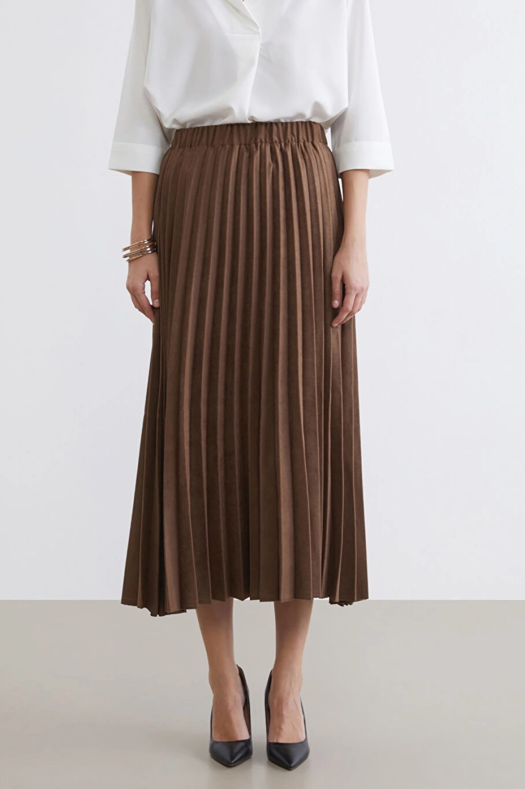 LCWAIKIKI Classic Bej Beli Lastikli Süet Görünümlü Pileli Etek