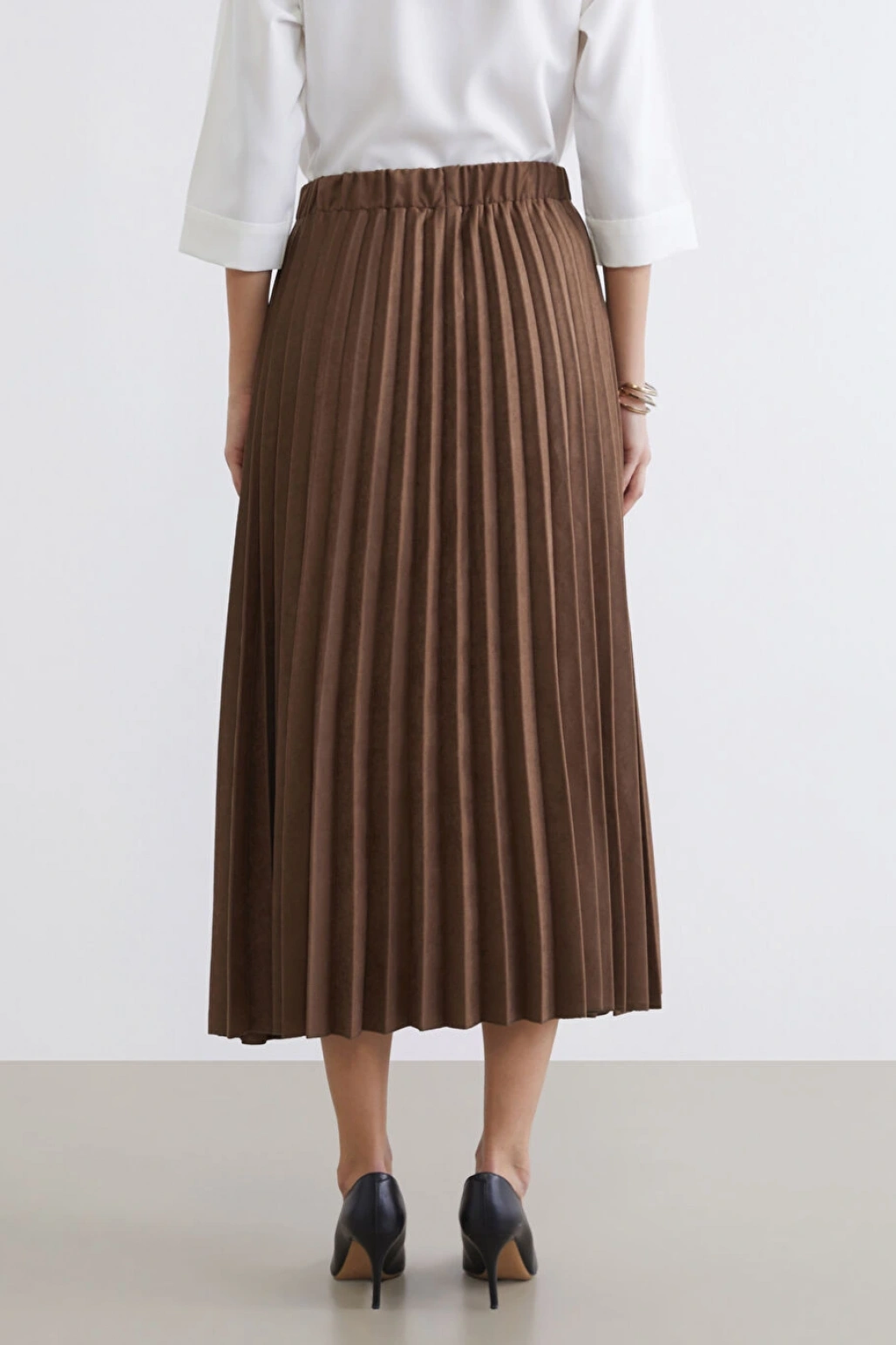 LCWAIKIKI Classic Bej Beli Lastikli Süet Görünümlü Pileli Etek