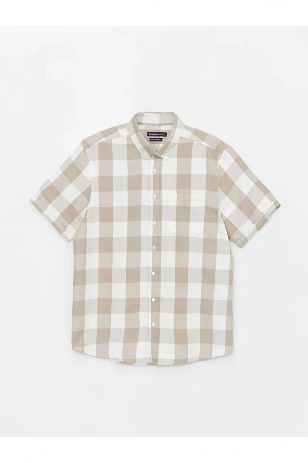 LCWAIKIKI Classic Bej Regular Fit Kısa Kollu Ekose Armürlü Erkek Gömlek